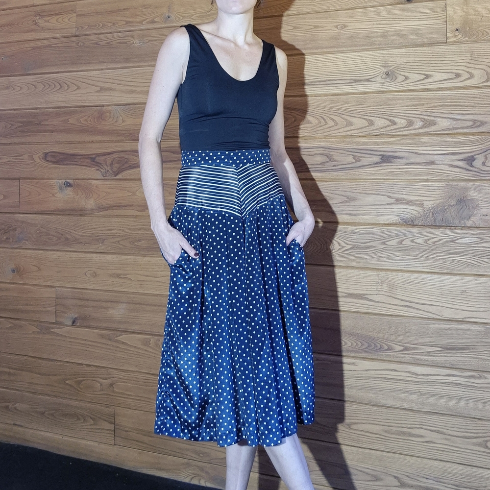 Navy Polka Dot Midi Skirt